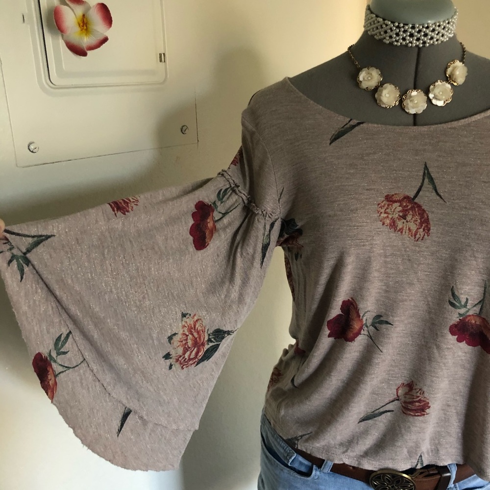 Lucky Brand Bell Sleeve Crop Top Floral Poppy